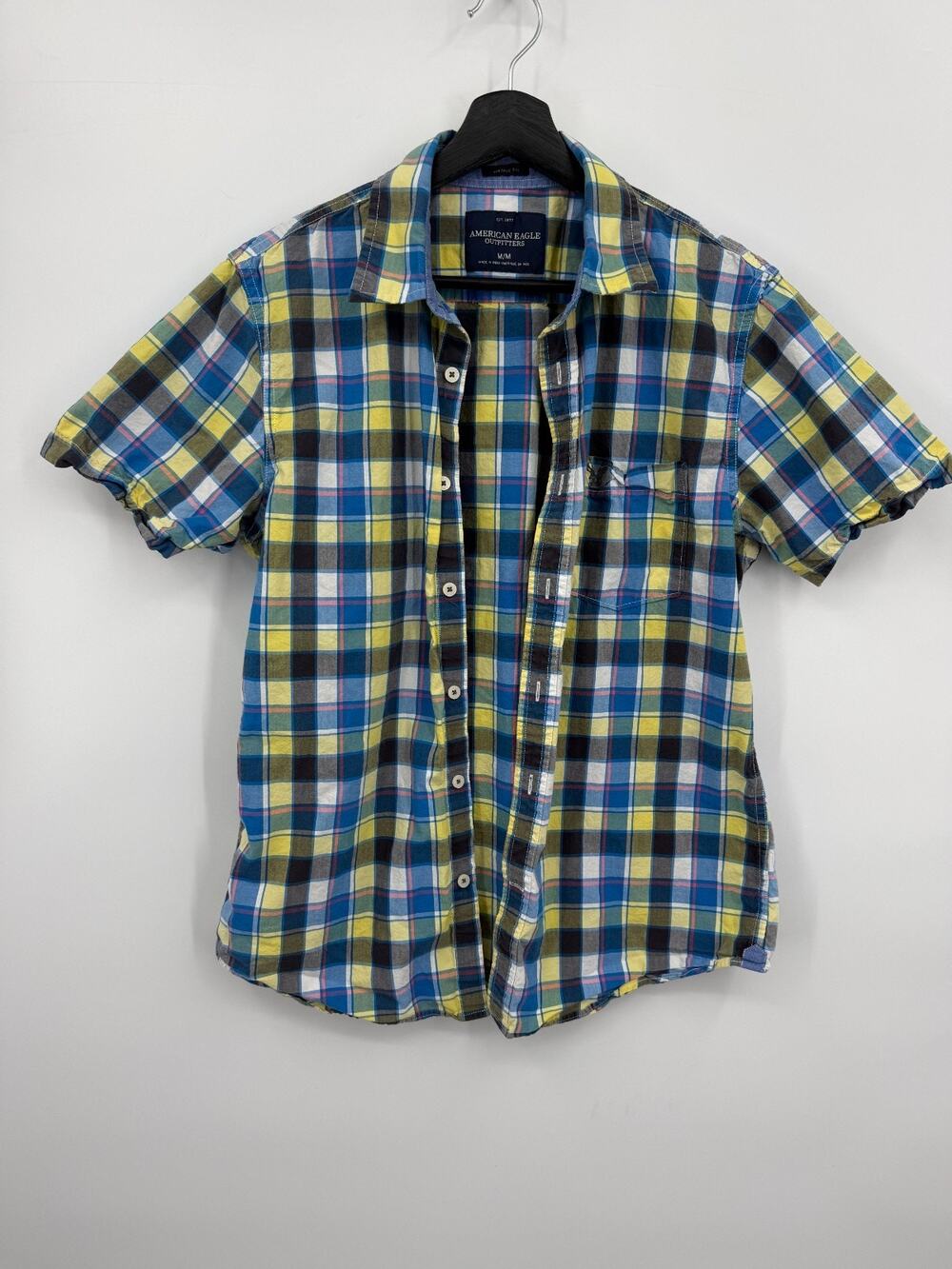 American Eagle Outfitters Mens Blue Yellow Plaid Short Sleeve Cotton Medium